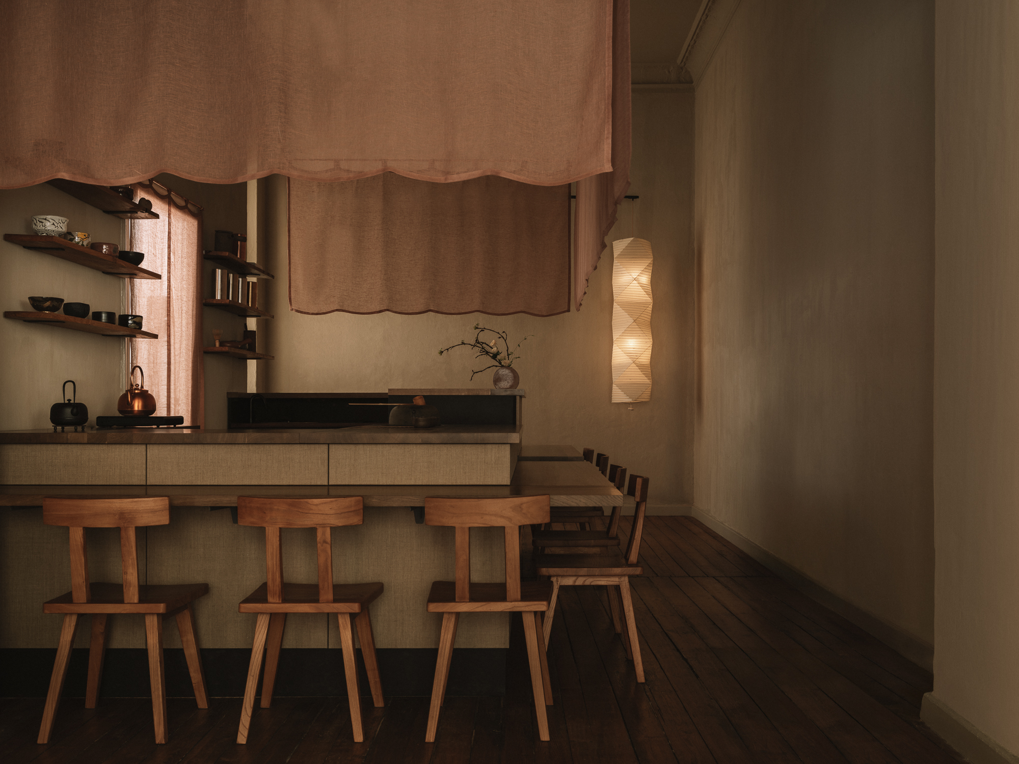 Kissabō bar — oak, shelves, noren